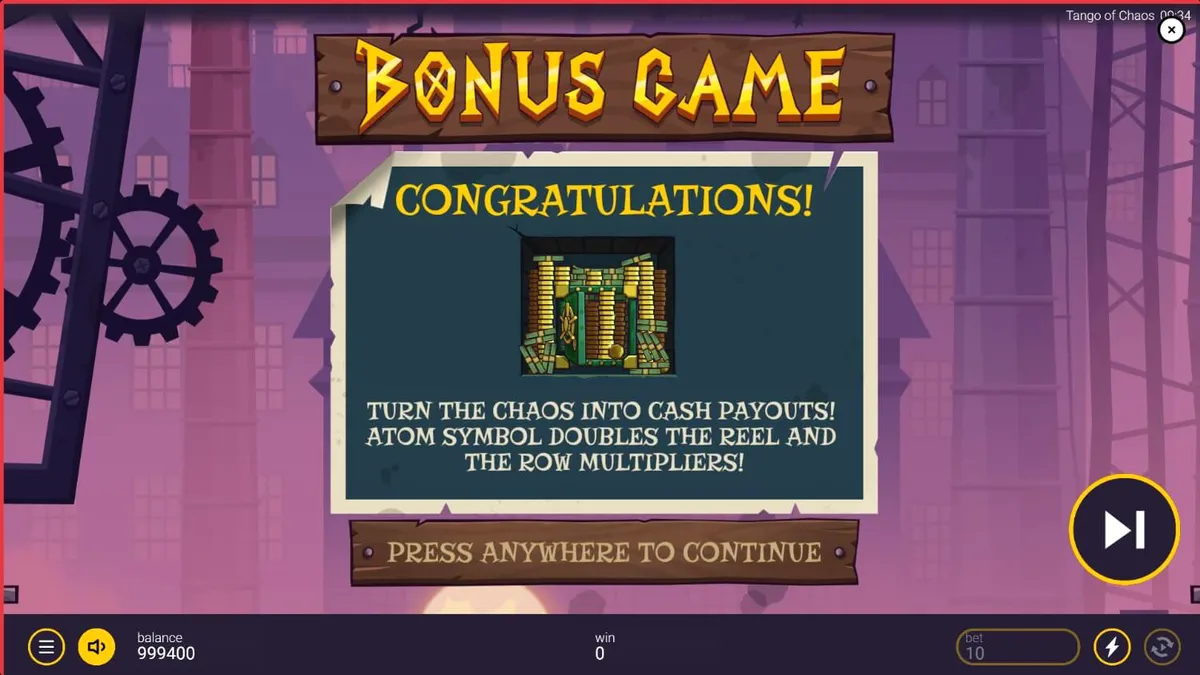 Tango of Chaos slot game interface showing surreal laboratory and high-society elements